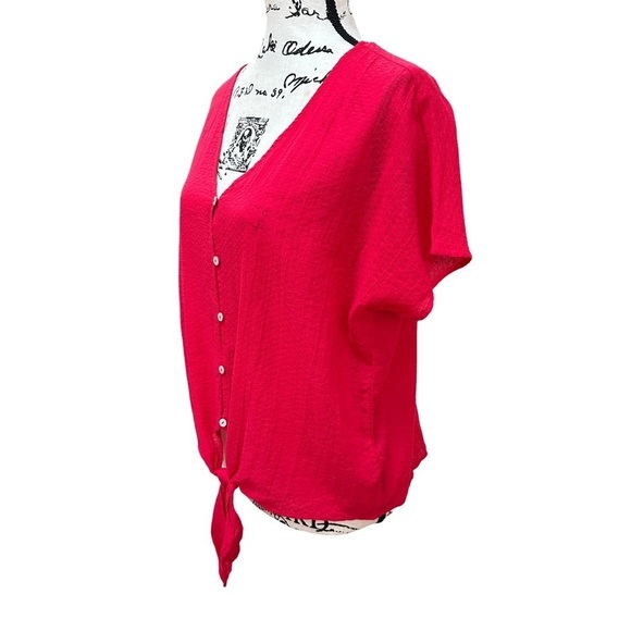 Red Button-Down Tie-Front Dolman Sleeve Cotton Top Size L - Picture 2 of 7